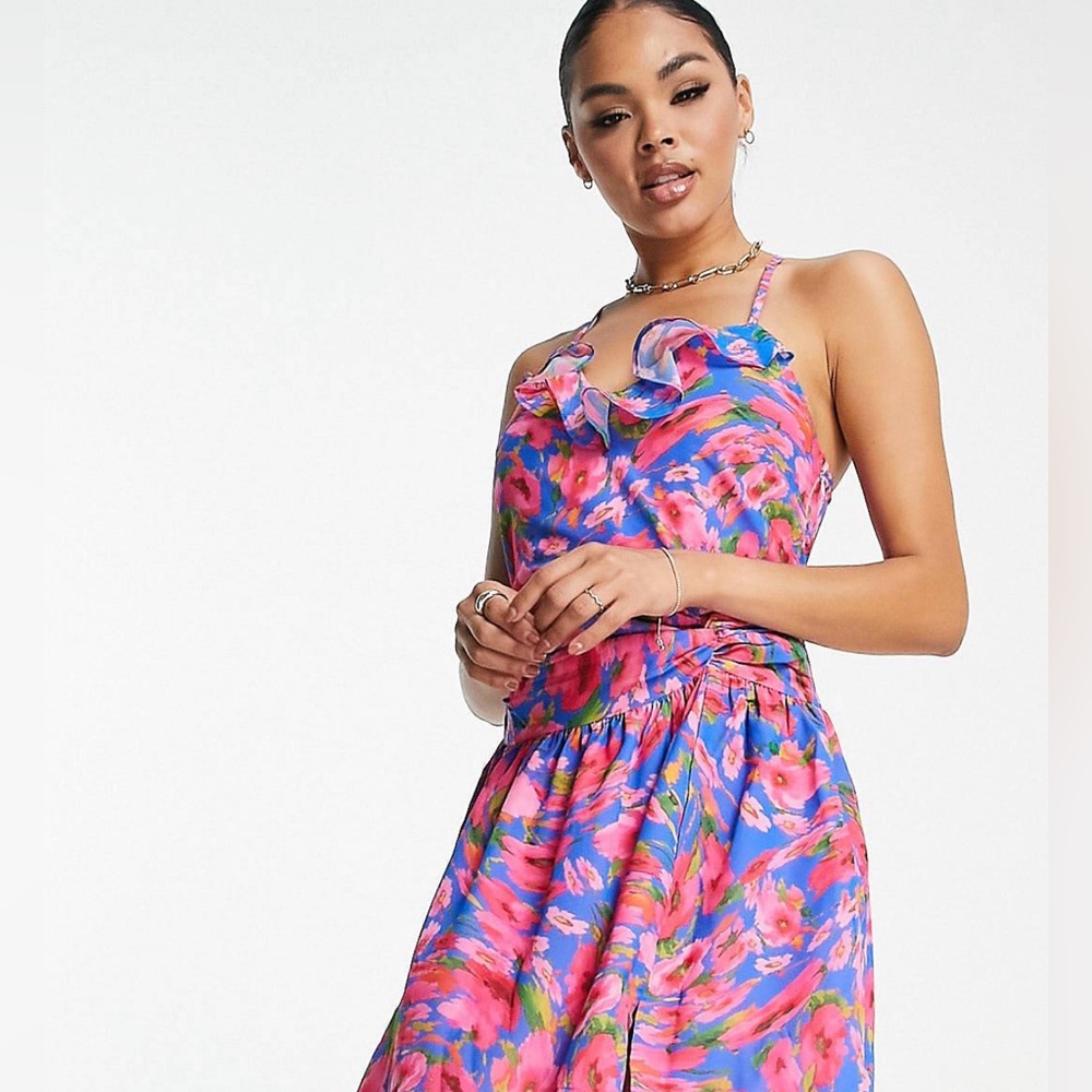 ASYOU frill edge plunge ruched mini dress in floral print